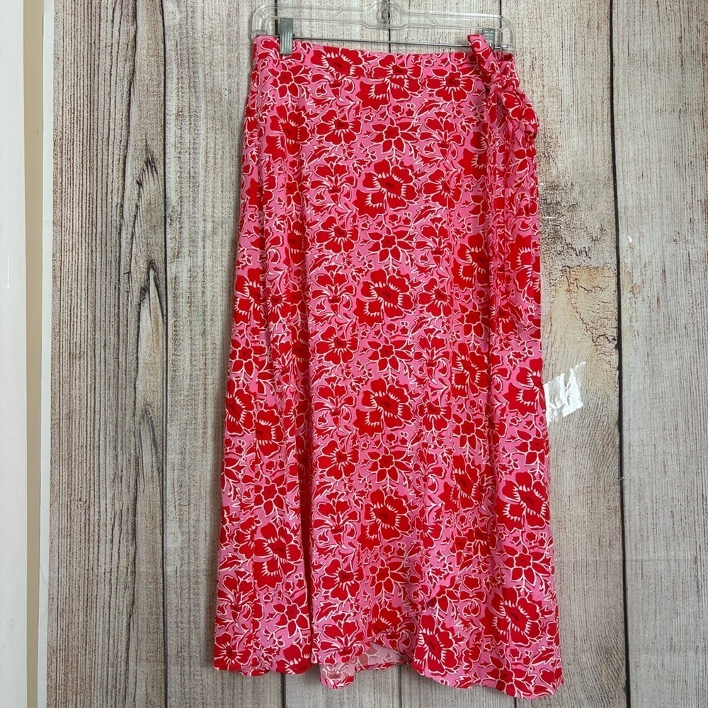 J. Crew Pink and Red Floral Wrap Midi Skirt